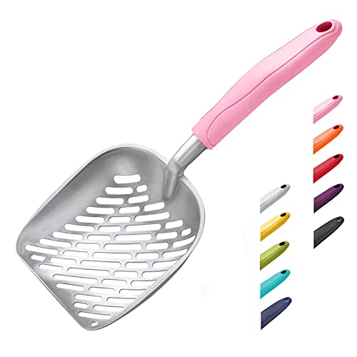 WePet Cat Litter Scoop, Aluminum Alloy Sifter, Kitty Metal Scooper, Deep Shovel with Diagonal Sifting Hole, Long Handle, Kitten Poop Lifter for Litter Box, Large Size, Pink Handle - color: #10 Pink, size: Large
