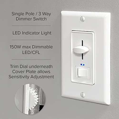 Maxxima Dimmer Light Switch, White, Blue Indicator Light, 3-Way/Single Pole | LED Compatible, 600 Watt Max, Wall Plate Included, Dimmable Lamp and Lighting Control - color: White, size: Single Pack