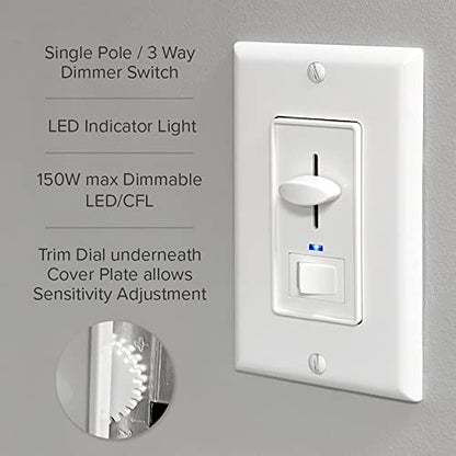 Maxxima Dimmer Light Switch, White, Blue Indicator Light, 3-Way/Single Pole | LED Compatible, 600 Watt Max, Wall Plate Included, Dimmable Lamp and Lighting Control - color: White, size: Single Pack