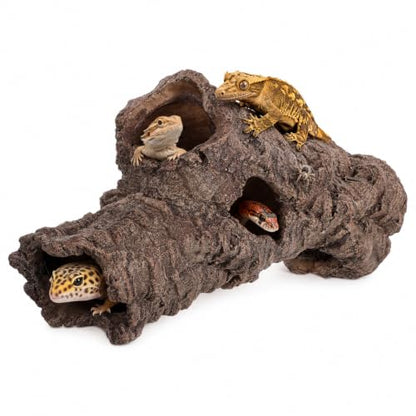 Large Reptile Resin Log Cave, 12 Inch Terrarium Hideout with 5 Openings, Faux Bark Aquarium Cave Decor for Bearded Dragon, Gecko, Snake, Lizard, Turtle, Fish .00 X 6.49 X 4.72 in Brown