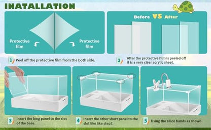 Small Turtle Starter Kit with Integrated Pump, Basking Light, Clear Acrylic 3-Layer Easy Cleaning Turtle Tank Aquarium for Small Reptiles - size: M+Light+Water Pump
