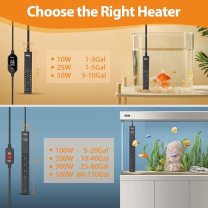hygger Upgrade Ceramic Aquarium Heater, 500W Digital Fish Tank Heater with Automatic Power-Off and Over-Temperature Protection, Energy Saving Submersible Aquarium Heater for Freshwater and Saltwater - size: 500W