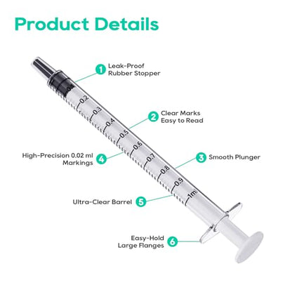 JOLLY PARTY 100 Pack 1ml Syringes with Caps, 1cc Syringe Needleless, Small Oral Syringe with Tip Cap Individually Wrapped for Scientific Labs, Liquid Measuring, Pet Feeding, Oil & Glue Dispenser - style: 1ml