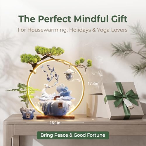 Tabletop Water Fountain, 17.3”Tall Deer Statue Waterfall Fountain with Incense Holder, LED Light & Adjustable Pump, Zen Relaxation Desk Fountains for Office,Living Room or Bedroom