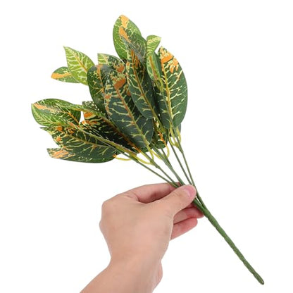 Artificial Croton Plants 4pcs 7-Branch Fake Golden Leaves Real Touch Tropical Greenery for Indoor Terrarium Decor and DIY Wreath Crafts