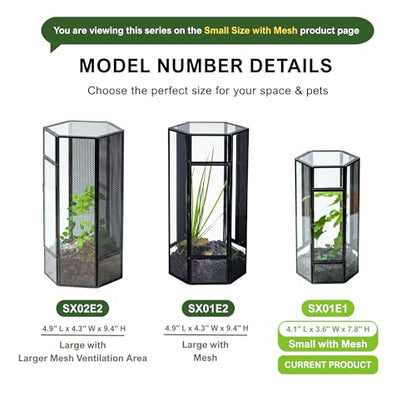 NCYP Glass Enclosure Terrarium with Mesh and Door for Small Spiders - Hexagon Shape, Small Mantis Vented Glass Terrarium 4.1'' x 3.6'' x 7.8'', Tabletop Decor, Black (Plants Not Include) - size: 4.1'' x 3.6'' x 7.8''