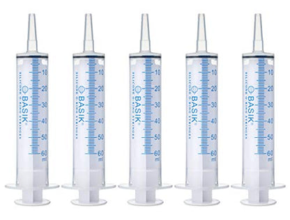 BASIK 60ml Enteral Feeding Syringe Cath Tip 60cc Silicone O-ring Tube Feeding With Caps Craft and Garden Syringe Pet Feeding 5/pack