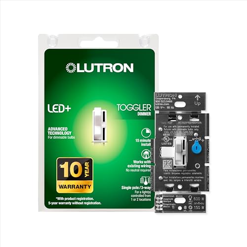 Lutron Toggler LED+ Dimmer Switch for Dimmable LED, Halogen and Incandescent Bulbs, 150 Watt, Single-Pole or 3-Way, TGCL-153PH-WH, White - color: White, size: 1 Pack