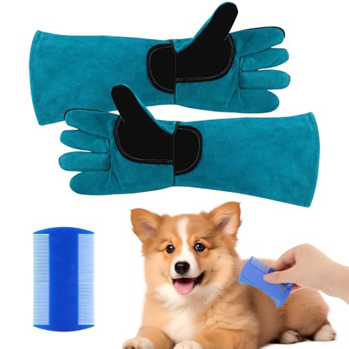 Bite Proof Animal Handling Gloves, Cat Gloves Pet Leather Glove Cat Scratch with Pet Comb, Multipurpose for Rose Pruning, Gardening, Pets Grooming