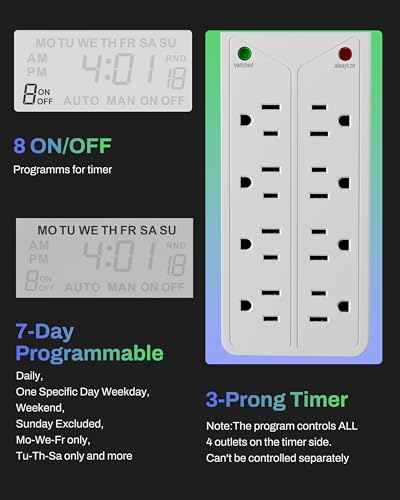BN-LINK 8 Outlet Surge Protector with 7-Day Digital Timer (4 Outlets Timed, 4 Outlets Always On) - White