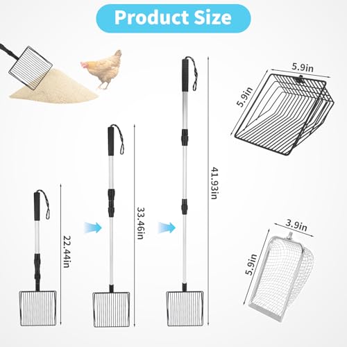 3 PCS Chicken Poop Scooper,Stretchable Coop Scoop for Rudak Chicken,Detachable Stainless Steel Cat Litter Scoop with Mesh Replacement Head,Long Handle Cat Poop Scooper Sand Sifting Shovel