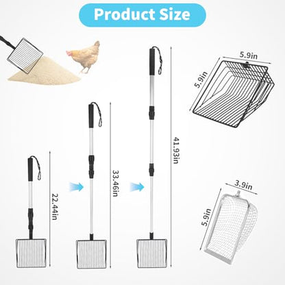 3 PCS Chicken Poop Scooper,Stretchable Coop Scoop for Rudak Chicken,Detachable Stainless Steel Cat Litter Scoop with Mesh Replacement Head,Long Handle Cat Poop Scooper Sand Sifting Shovel