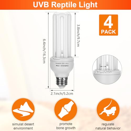 VIHOSE 4 Pack UVB Reptile Light Bulb 23w 10.0 UVB Bulb for Desert Reptiles Pet Light for Turtle Compact Fluorescent Terrarium Lamp for Bearded Dragon, Lizard, Tortoise, Iguanas, Snake, Gecko