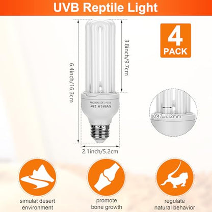 VIHOSE 4 Pack UVB Reptile Light Bulb 23w 10.0 UVB Bulb for Desert Reptiles Pet Light for Turtle Compact Fluorescent Terrarium Lamp for Bearded Dragon, Lizard, Tortoise, Iguanas, Snake, Gecko