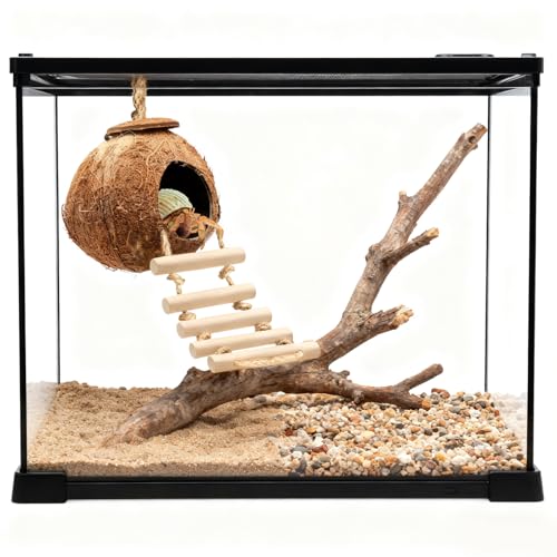 Gecko Tank Accessories Natural Coconut Shell Hut with Climbing Ladder & Suction Cup Hermit Crab Toys Reptile Hideout for Leopard Gecko Snake Lizard and Small Pets Habitat Decor