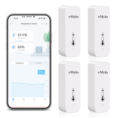eMylo WiFi Thermometer Hygrometer, Wireless Indoor Temperature Humidity Sensor with App Alert & Data Storage, Smart Monitor for Home Bedroom Greenhouse, Alexa Compatible, Battery Included (4-Pack)