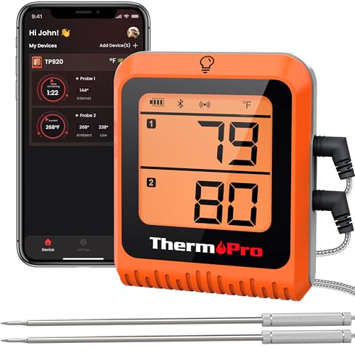 ThermoPro 650 ft Bluetooth Meat Thermometer for Cooking Turkey Fish Beef, 2 Probes Wireless Meat Thermometer Digital for Grilling and Smoking, Rechargeable Smoker Accessories for BBQ Oven - color: Deep Orange
