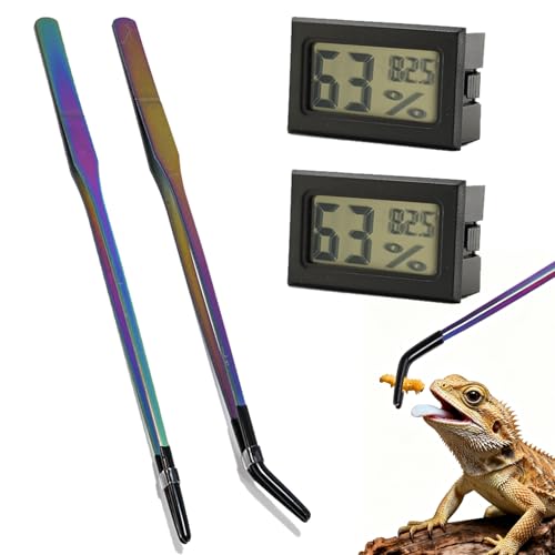 4 Pack Reptile Thermometer and Humidity Gauge & Reptile Feeding Tongs with Rubber Tips, Bearded Dragon Tank Accessories, Digital Hygrometer and 10.6" Straight & Curved Long Tweezers for Lizard, Gecko