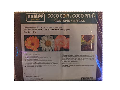 Kempf Compressed Coco Coir Bricks, Growing Medium, 4 Bricks, Organic, Garden Potting Mix, Peat Moss Alternative, Natural Certified Product. Total Package Yield 9 gallons