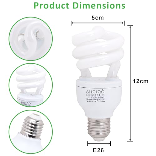 Aiicioo UVB Reptile Light 5.0 13W Desert UVB Spiral Compact Fluorescent Lamp UVB Reptile Light Bulb Tropical and Sub-Tropical UVB Bulb for Reptiles Bearded Dragons Lizards - size: UVB 5.0 13W