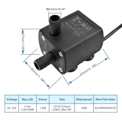 CONQUERALL DC 12V 5W Waterproof Submersible Pump 200L/H 2m with 3.3ft Tube for Yard Drainage, Hydroponics and Solar Fountain - color: 12v 5w 200l/H 2m Head