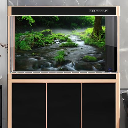 Stream Aquarium Background Aquatic Water Plants Rock Fish Tank Background Lush Green Forest Trees Terrarium Background Misty Foggy Stream Flowing Water Natural Landscape Aquarium Backdrops 24x16in - color: Foggy Green, size: 24(W)x16(H)in
