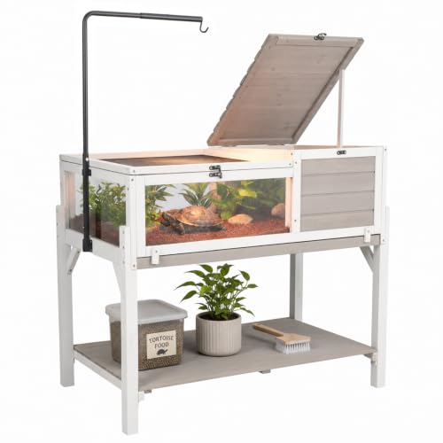 Large Tortoise Habitat with Adjustable Lamp Stand & Storage Shelf, Wooden Tortoise Enclosure with Viewing Window, Pull-Out Tray, 2-Room Reptile Turtle Enclosure House Indoor & Outdoor, Grey - size: 40.4"L x 23.0"W x 32.0"H