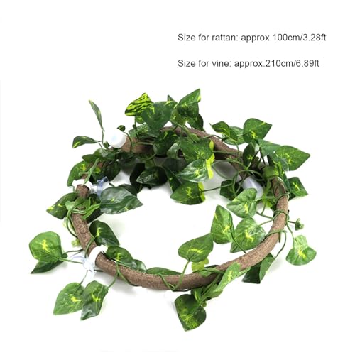 Reptile Climbing Vine Bendable with Suction Cups, a Flexible Terrarium Decor and Artificial Rattan Reptile Vine for Chameleon and Gecko Habitats (Rattan + Green Radish Leaves) - size: Rattan + green radish leaves