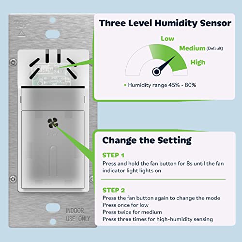 TOPGREENER Humidity Sensor and Fan Control Switch, Ventilation Fan Humidity Sensor Switch, Fan Switch, Neutral Wire Required, TDHS5-WWP, White (Wall Plate Included)