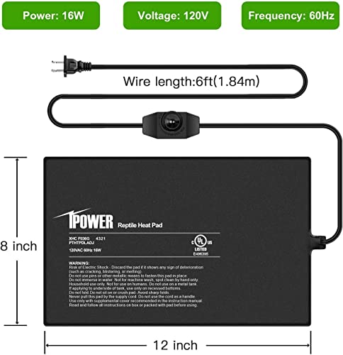 iPower 8 by 12-Inch Reptile Heat Mat with Temperature Adjustable Controller Knob, LCD Digital Aquarium Thermometer for Reptiles and Amphibians,Black