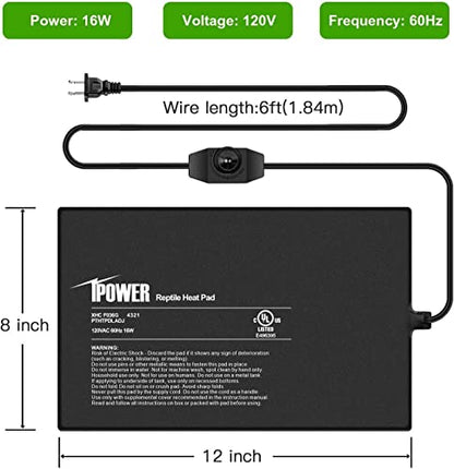 iPower 8 by 12-Inch Reptile Heat Mat with Temperature Adjustable Controller Knob, LCD Digital Aquarium Thermometer for Reptiles and Amphibians,Black