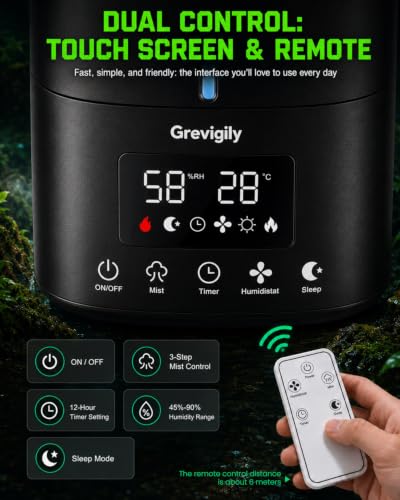 5L/1.32 Gal Reptile Fogger Humidifier with Smart Humidity Control & Dual Hose | Automatic Terrarium Mister with Remote & Touch Panel, Quiet <35dB, Auto Shut-Off for Amphibians,Vivariums, Plants