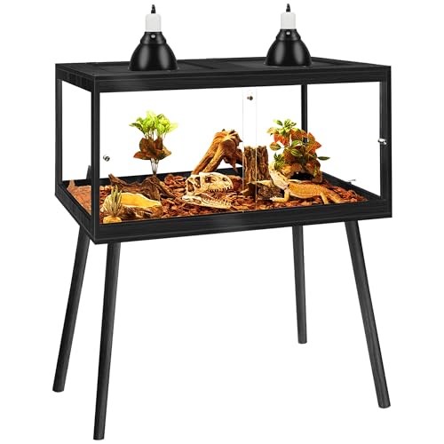 PROLEE Bearded Dragon Tank with Leg Stand 34 Gallons, Wooden Lizard Tank,Reptile Tank with Metal Mesh Roof Door, Acrylic Panel Snake Tank with Lock Design (Black, 32"x16"x16") - color: Black, size: 32"x16"x16"