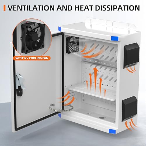 Joinfworld Outdoor Electrical Box 19.7"x15.7"x7.9" Metal Waterproof Vented Nema Enclosure with 12V Fan, Stainless Steel Junction Box with Cold Rolled Steel Plate Hinge Connection Din Rail - size: 19.7"x15.7"x7.9"