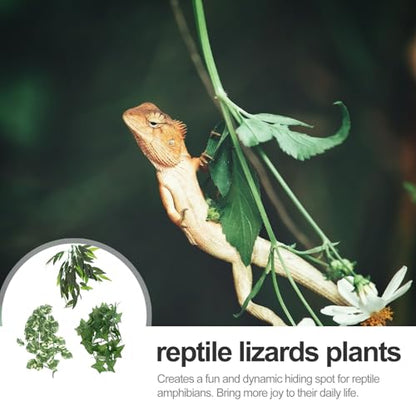Cabilock Reptile Tank Decor Artificial Green Vine Plants 3pcs Set with Suction Cups 12-inch Leaf and 30cm Climbing Leaves for Gecko Snake Terrarium Habitat