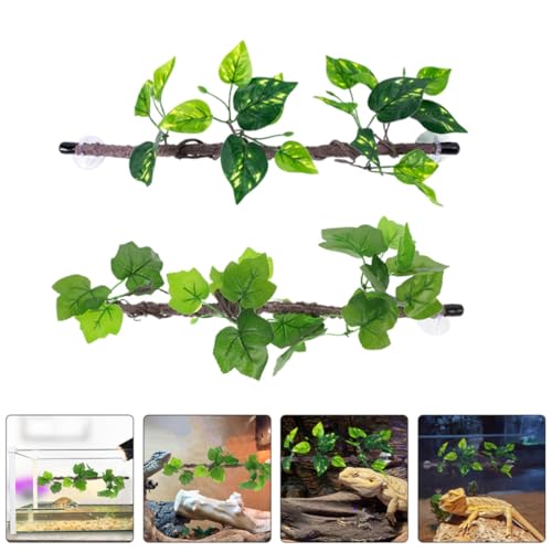 2pcs Artificial Reptile Plants with Suction Cup, Flexible Plastic Climbing Vines for Snake and Lizards, Decorative Green Jungle Branches for Terrarium and Reptile Tank Use