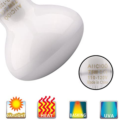 Aiicioo Reptile Basking Light Bulb - 75W Reptile Heat Lamp 2 Pack UVA Daylight Amphibians Basking Bulb for Bearded Dragon Turtle Hermit Crab Gecko Lizard Daylight - color: ['White'], size: ['75W']