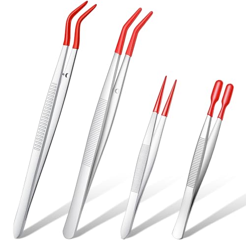 Elegaperma 4pcs Jewelry Tweezers with Rubber Tips Set, Rubber Tipped Tweezers, Craft Tweezer for Stamps Beads Jewelry Tools, Red