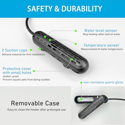 YukiHalu Aquarium Heater 25/50/100/150W with Protective Cover, Mini Fish Tank Heater with External Controller, Temperature Adjustable, Digital Display, Used for 5/10/20/30 Gallons (50W-10Gallon) - size: 50W-10Gallon
