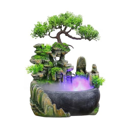 11-Inch Tabletop LED Waterfall Fountain with Mist Effect – Quiet Resin Rockery Indoor Fountain for Bedroom, Office, Meditation & Home Décor