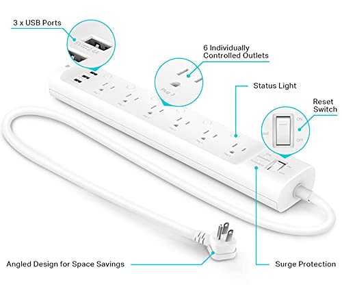 Kasa Smart Plug Power Strip HS300, Surge Protector with 6 Individually Controlled Smart Outlets and 3 USB Ports, Works with Alexa & Google Home, No Hub Required - size: 6 Outlets