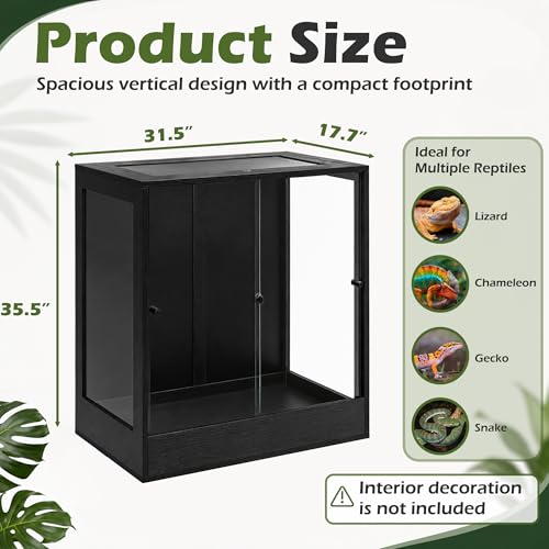 PROLEE 32" x 18" x 36" Tall Reptile Terrarium, 90 Gallon Glass Chameleon Cage, Vertical Crested Gecko Tank with Ventilated Mesh Top, Front Opening Rainforest Habitat, Black - color: Black, size: 32" L x 18" W x 36" H, 90 Gallon