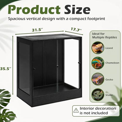PROLEE 32" x 18" x 36" Tall Reptile Terrarium, 90 Gallon Glass Chameleon Cage, Vertical Crested Gecko Tank with Ventilated Mesh Top, Front Opening Rainforest Habitat, Black - color: Black, size: 32" L x 18" W x 36" H, 90 Gallon