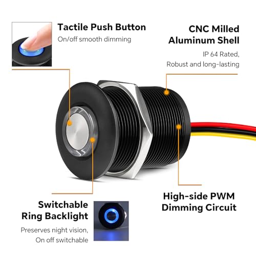 12 Volt Light Dimmer RV Boat High-Side PWM Dimming Switch, 7/8" Mounting Hole w/Blue Backlight for LED Strip Light 12V LED Halogen Incandescent, All-Aluminum Shell, Rated 6A (Black) - color: Black