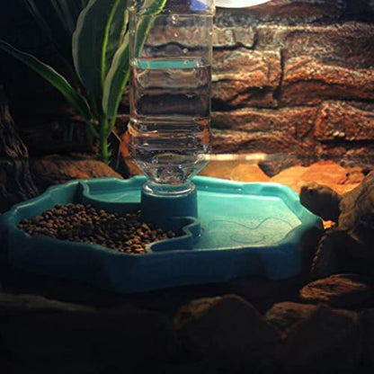 Automatic Reptile Feeder,Reptile Food and Water Dish Bowl,2 in 1 Tortoise Turtle Water Dispenser,Reptile Water Dish with Bottle for Bearded Dragon Gecko Lizard(Blue)