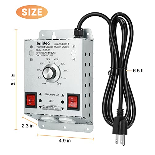 Crawl Space Humidistat Controller, Briidea Dehumidistat and Thermostat Control with 2 Plug in Outlets, Ideal for Basements Attics Garages, Reduce the Crawl Space Humidity Level