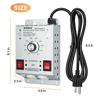 Crawl Space Humidistat Controller, Briidea Dehumidistat and Thermostat Control with 2 Plug in Outlets, Ideal for Basements Attics Garages, Reduce the Crawl Space Humidity Level