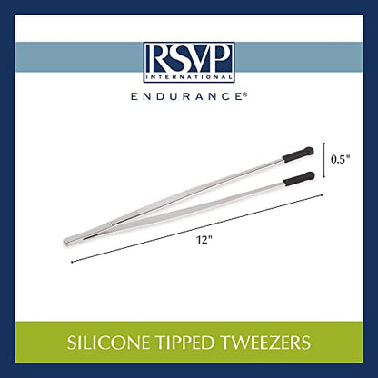 RSVP International Endurance Silicone Tipped Kitchen Tweezers Food Safe, Durable Stainless Steel, Heat Safe up to 475 Degrees F, 12" Length