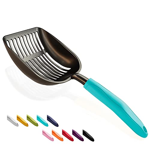WePet Cat Litter Scoop, Non-Stick Plated Aluminum Alloy Sifter, Kitty Durable Metal Scooper, Deep Shovel, Long Handle, Kitten Pooper Lifter, Size Large, Coated Black Body with Turkish Blue Handle - color: #02 Turkish Blue, size: Large