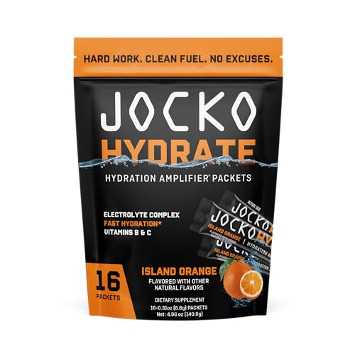 Jocko Fuel Hydrate Electrolytes Powder Packets Low Sugar - Hydration Amplifier Packets for Recovery, Dehydration, & Exercise - with Vitamins B6, B12 & C (16 Packets) Island Orange